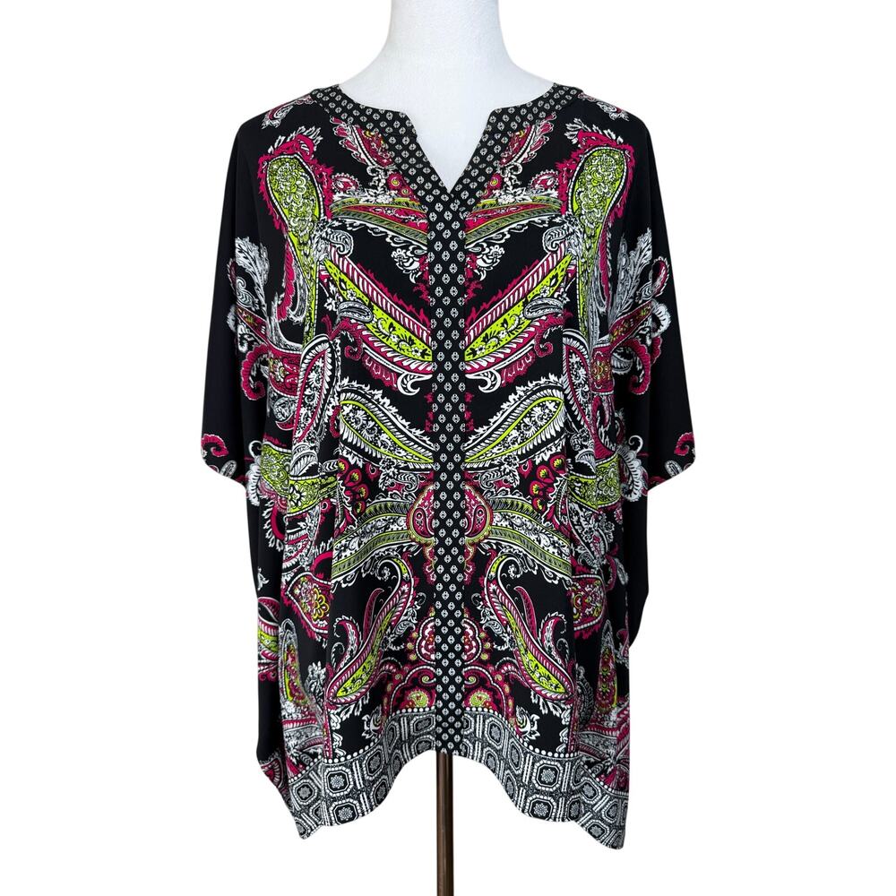 Susan Graver Women's Caftan‎ Tunic Top Sz M Black Multicolored Boho